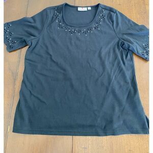 Quacker Factory T-Shirt Women Large Black Bling Cotton Scallop Sleeve Round Neck